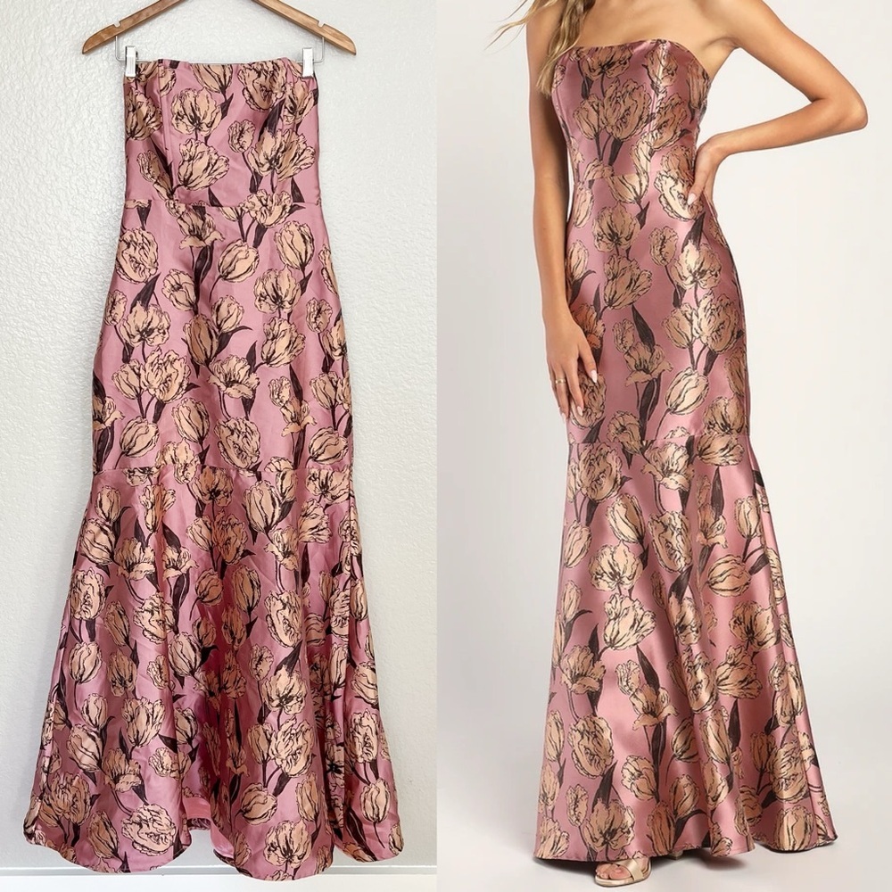 Lulu's Rose Pink and Gold Floral Strapless Maxi Dress